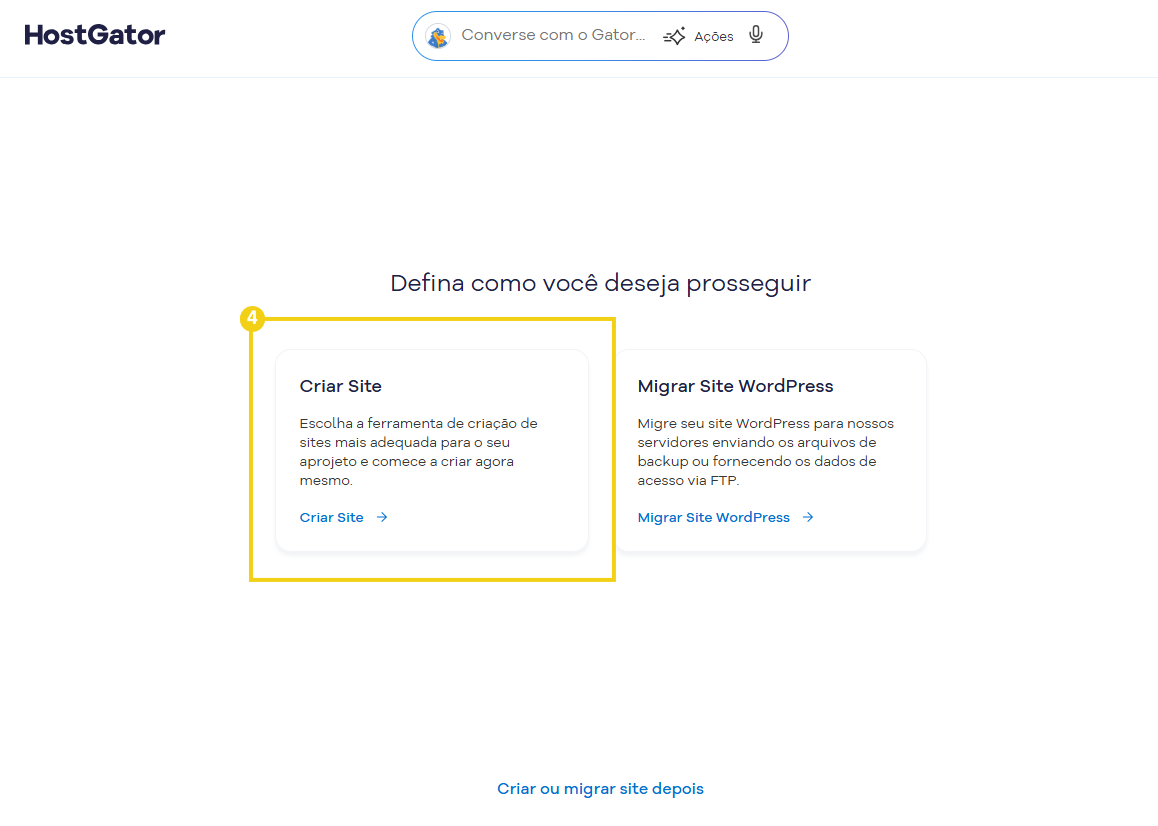 Imagem mostra a tela do Portal do Cliente com a opção para Criar Site ou Migrar site WordPress