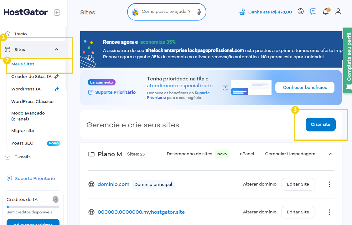 Imagem mostra a tela do Portal do Cliente com a marcação no botão "Criar site"