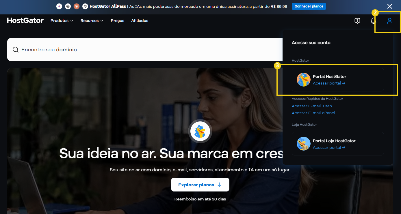 Imagem da página inicial do HostGator com foco no produto de criação de landing pages, destaque para o botão de login e opções de suporte ao cliente, ideal para quem busca serviços de hospedagem e domínio.