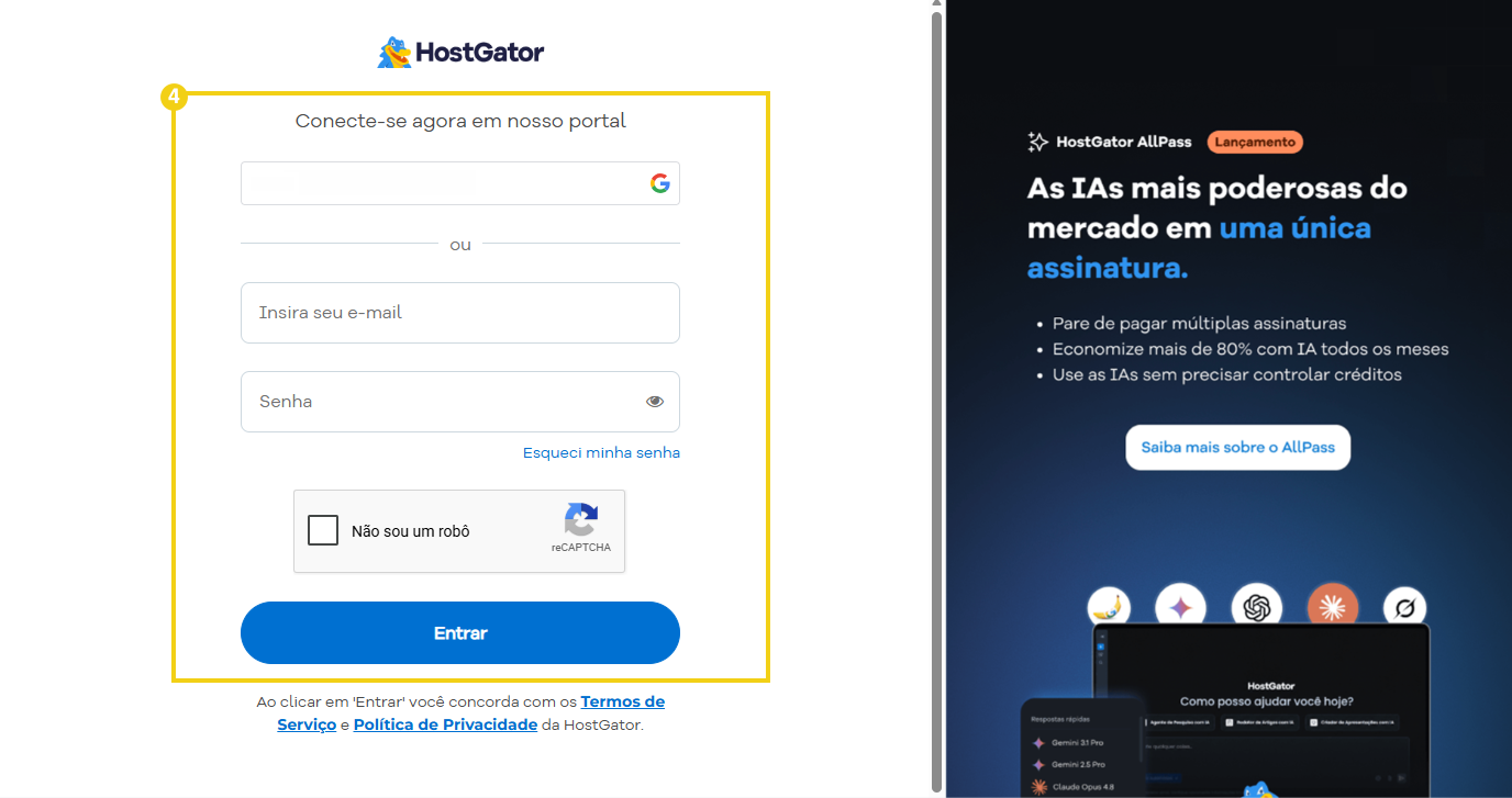 tela de login do Portal do cliente, promovendo o uso de plataformas de hospedagem de sites como HostGator.