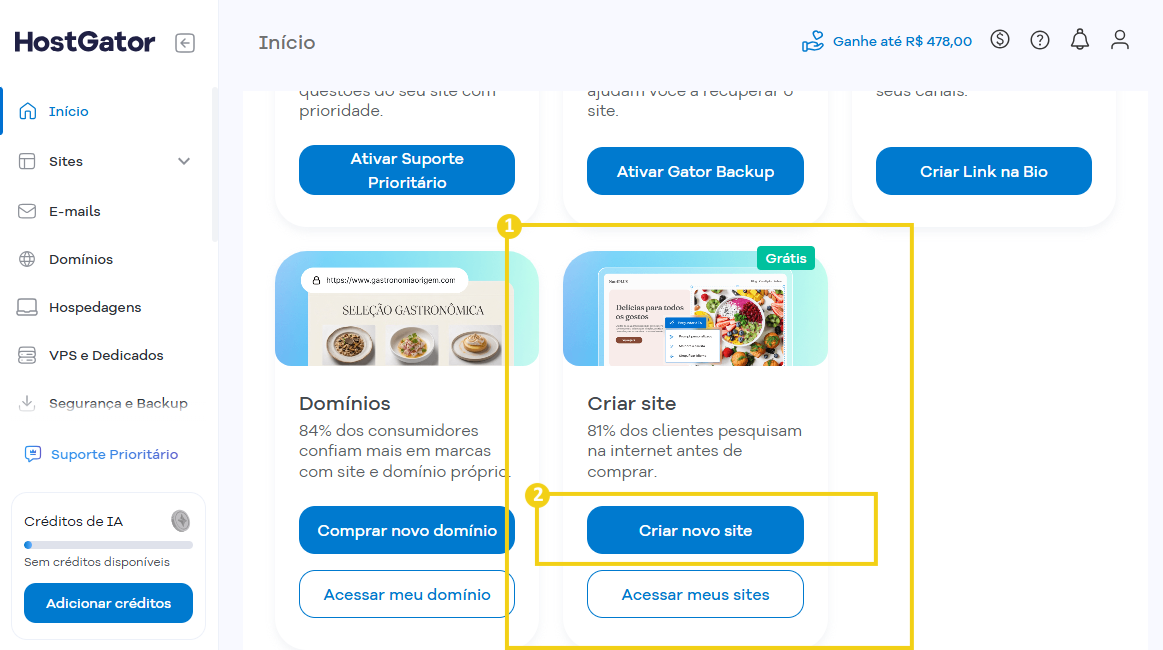 Tela "Início" do Portal do Cliente HostGator com destaque na opção "Criar site"