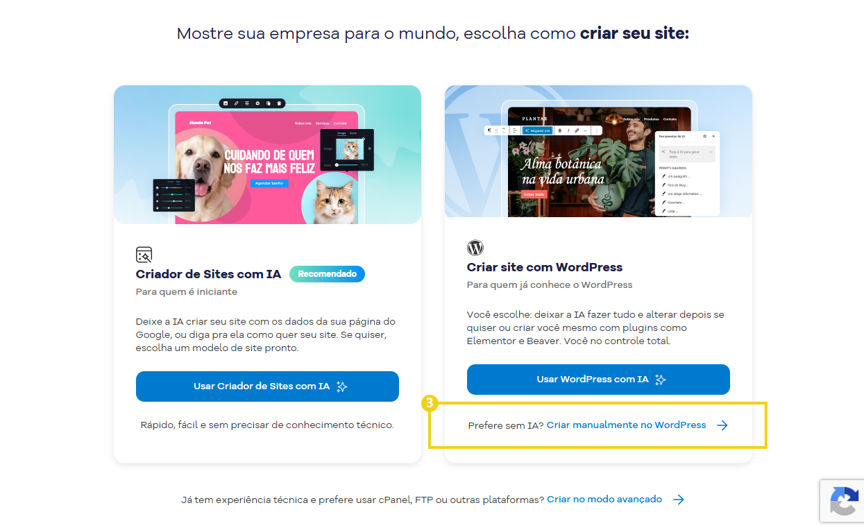 Imagem mostra a tela do Portal do Cliente com a marcação na opção Criar manualmente no WordPress