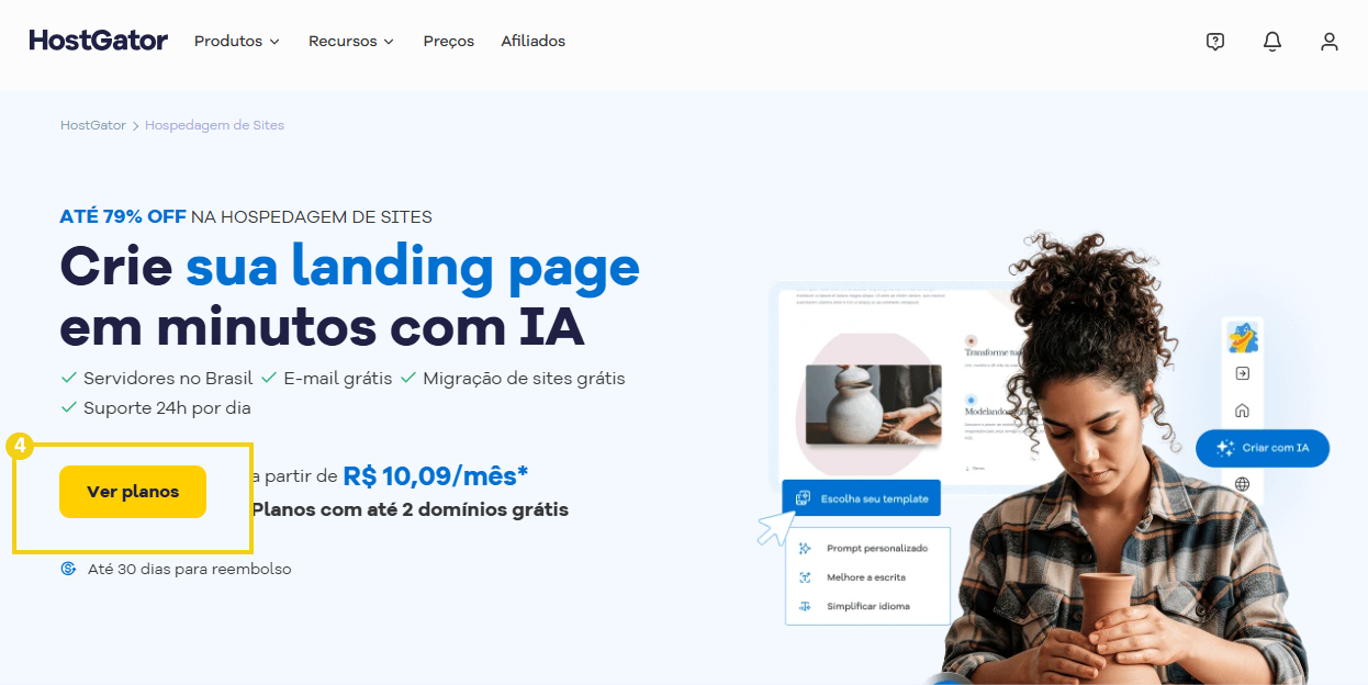 Imagem do site HostGator, destacando botão "começar agora" na tela de opções de planos de hospedagem