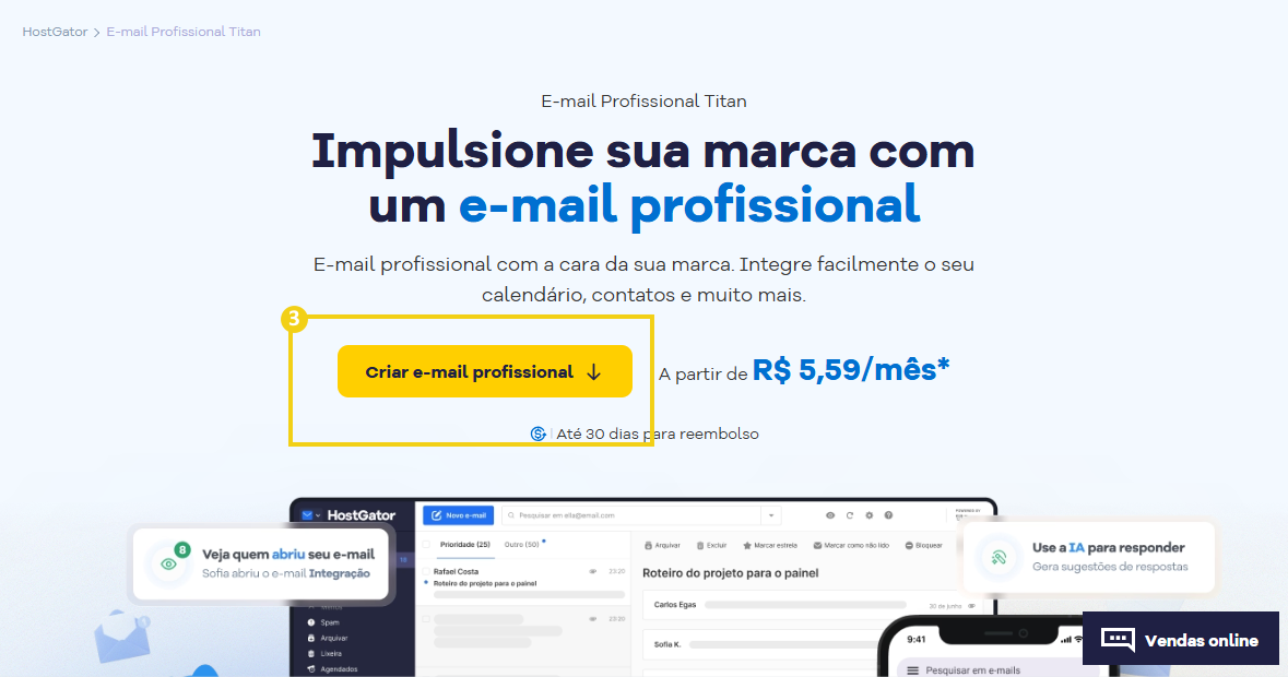 Imagem da tela de e-mails, destacando botão "criar e-mail profissional"