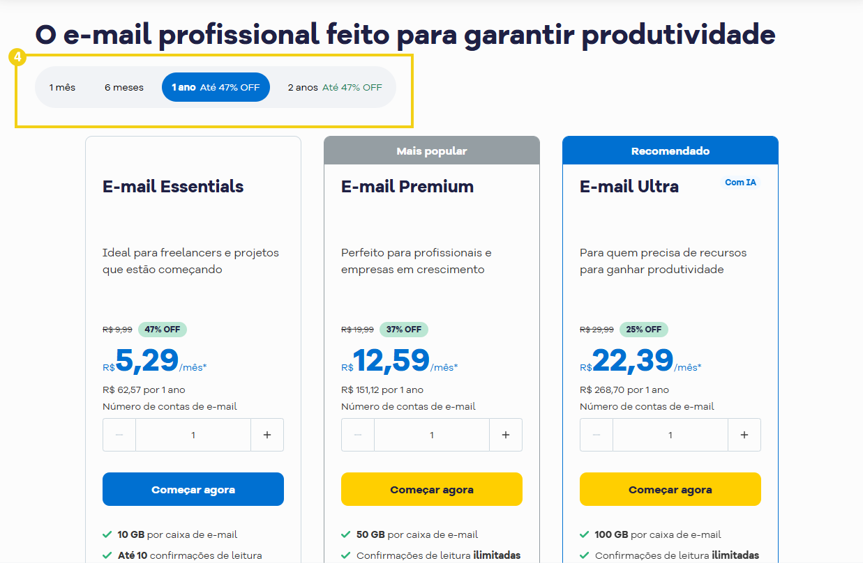 Imagem da tela de seleção do período de contratação do produto
