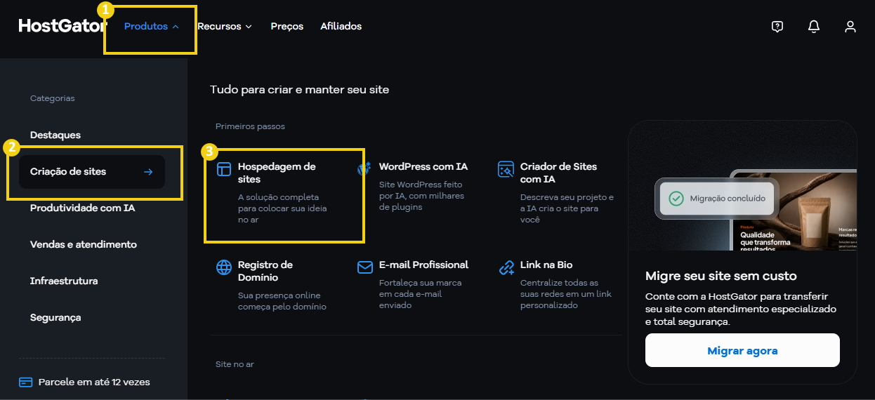 Imagem do menu superior do site HostGator