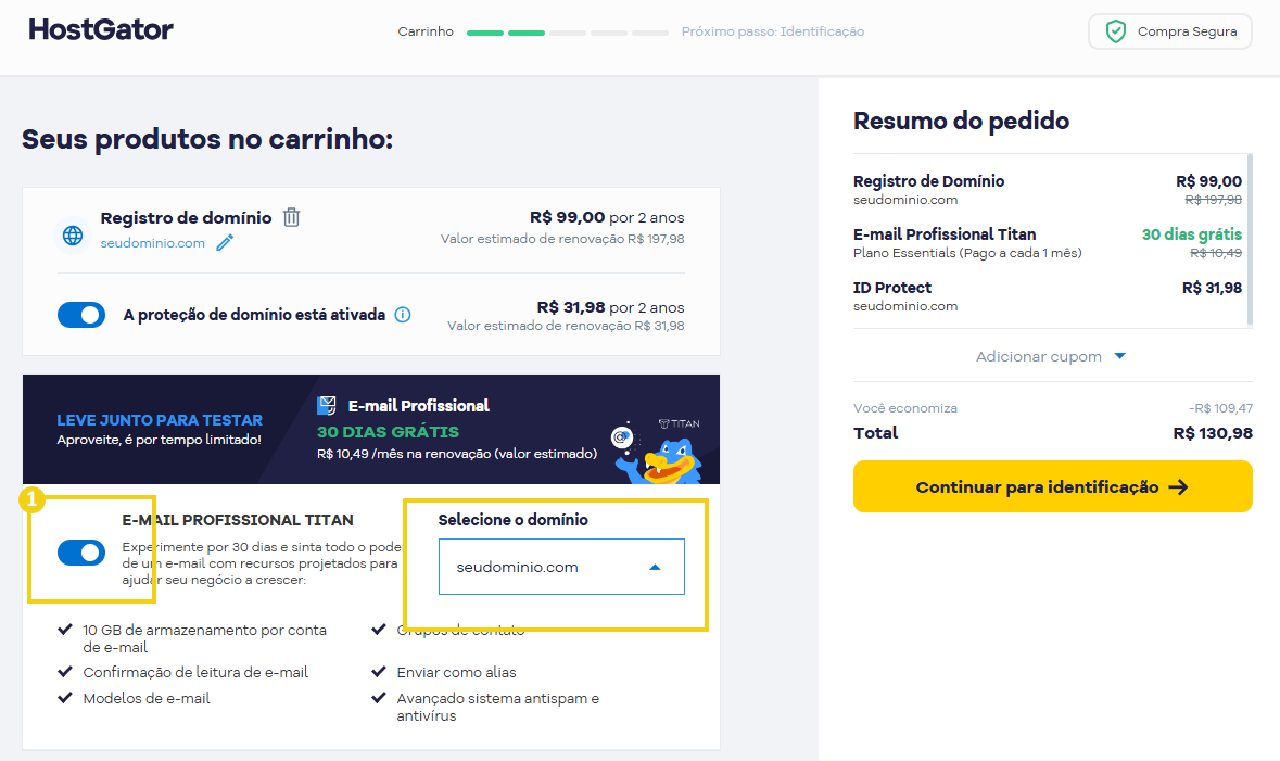 Imagem mostra campo para ativação do serviço "Titan Essentials" no carrinho de compras