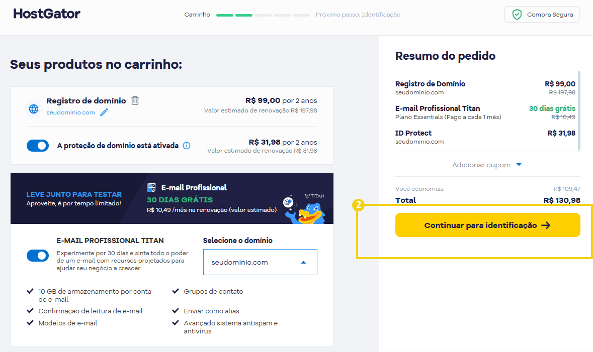 Imagem mostrando tela que antecede a conclusão do pedido, destacando o botão "continuar para identificação"