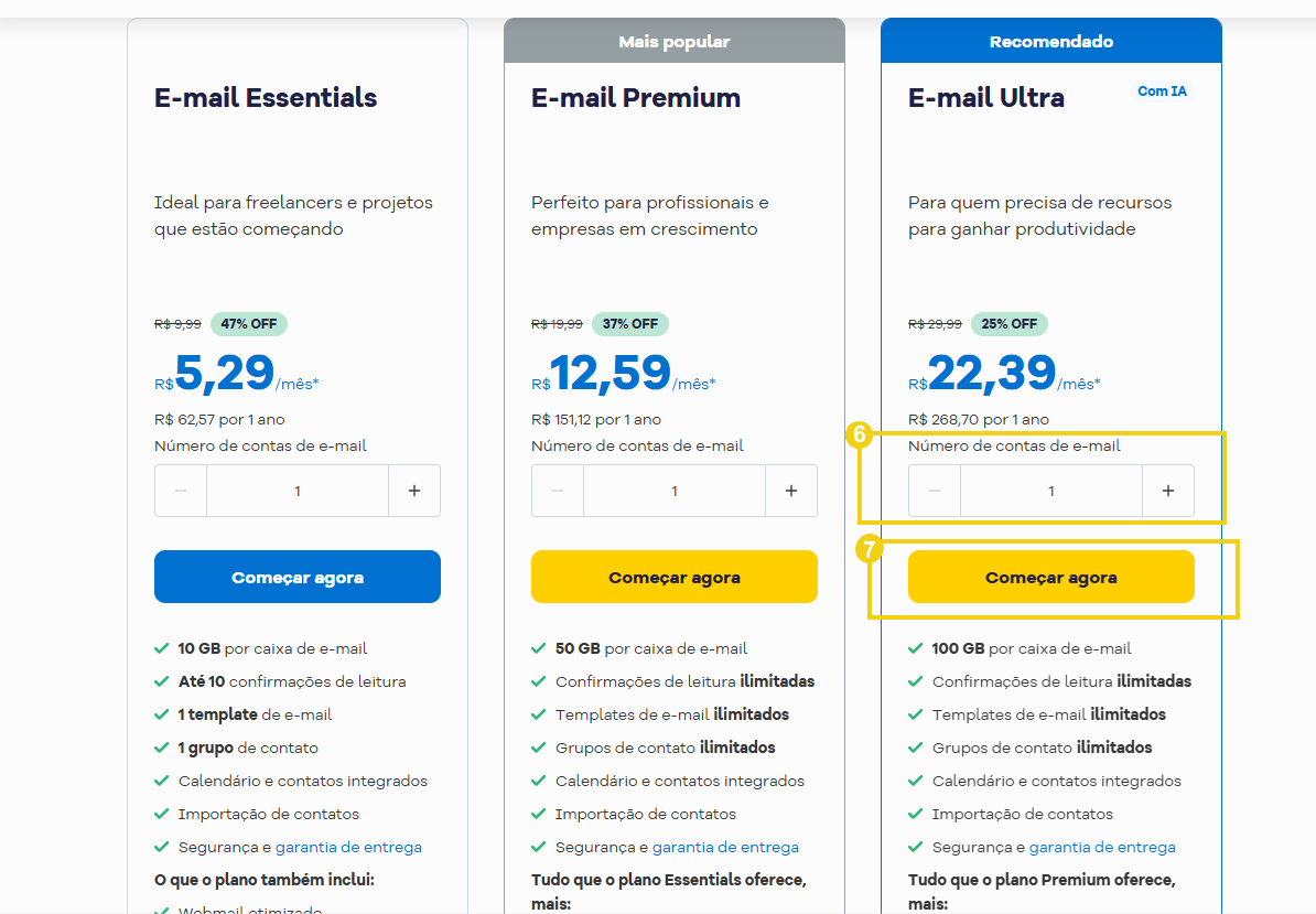 Imagem de uma página de web hosting da HostGator destacando planos de e-mail profissional para impulsionar sua marca com eficiência e segurança digital.