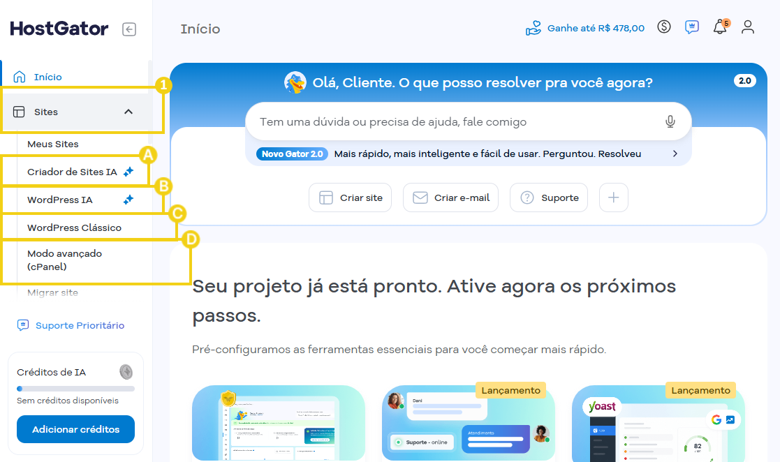 Imagem mostra Portal do Cliente HostGator com o menu "Sites" expandido e com as opções "Criador de Sites IA", "Wordpress IA", "Wordpress clássico" e "Modo avançado (cPanel)" destacados