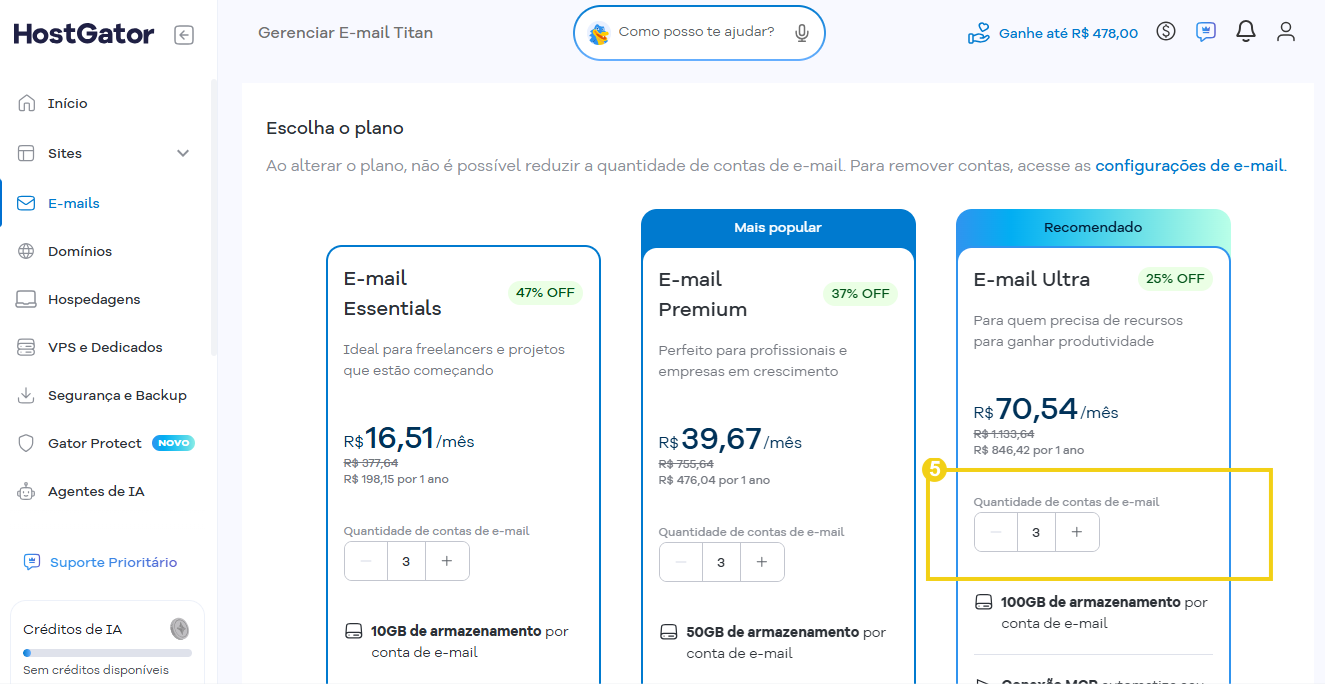Imagem do campo para seleção da quantidade de contas de e-mail