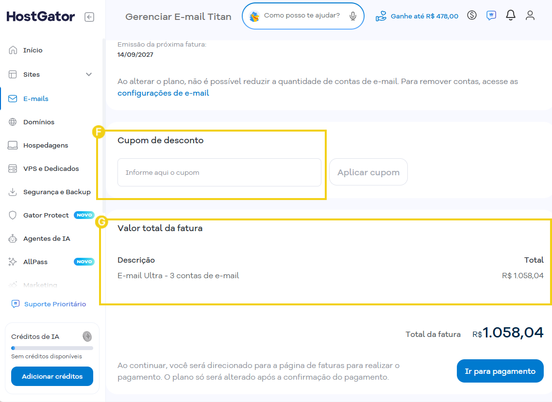 Nesta tela, é possível verificar o campo "Cupom de desconto" e também valor da fatura