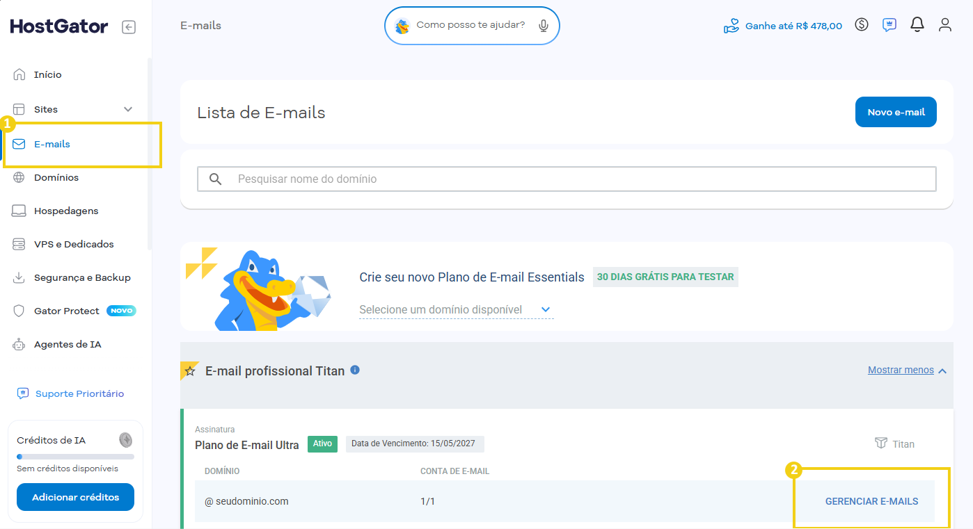 Imagem do Portal do Cliente, destacando opção para gerenciamento de e-mail Titan