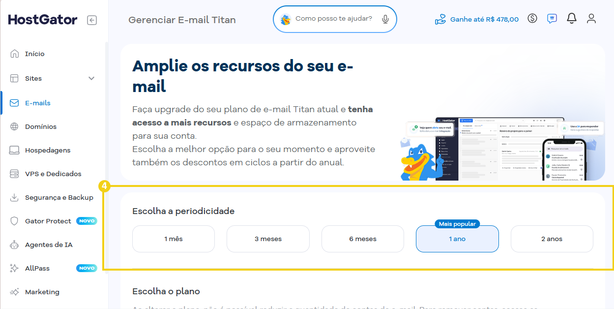Interface de gerenciamento de e-mails HostGator exibindo a seção de "Planos Disponíveis". 