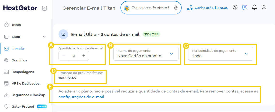 Imagem das informações disponíveis na tela de upgrade do Titan
