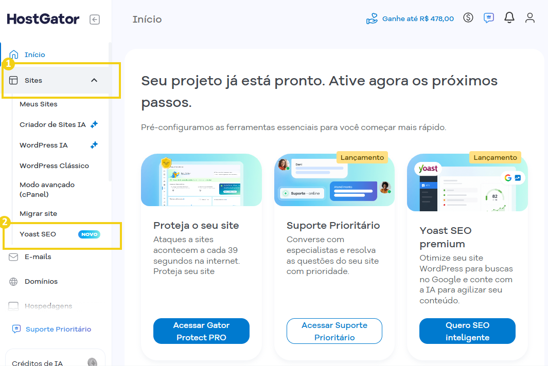 Imagem destaca opção Yoast SEO do Portal do Cliente da HostGator