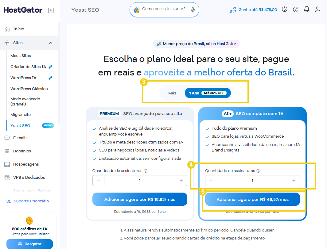 Imagem da landing page do Yoast SEO no Portal do Cliente, destacando o botão para seleção do ciclo de pagamento, quantidade de licenças e contratação