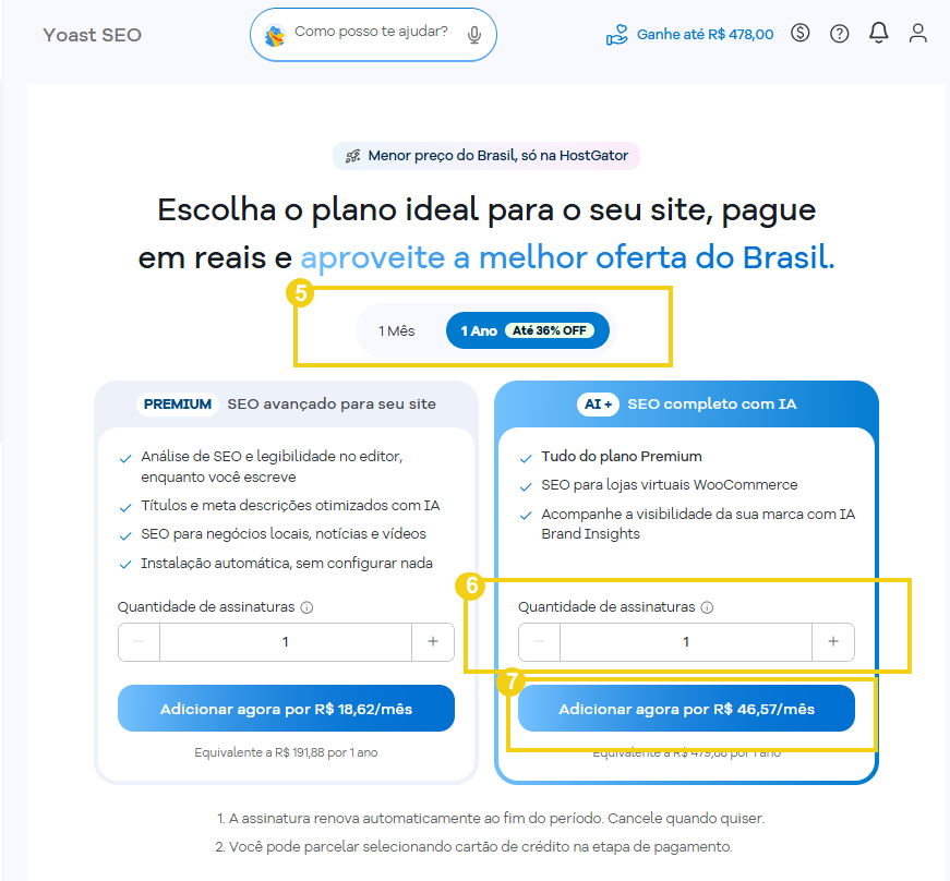 Página do Yoast SEO, destacando as opções para compra