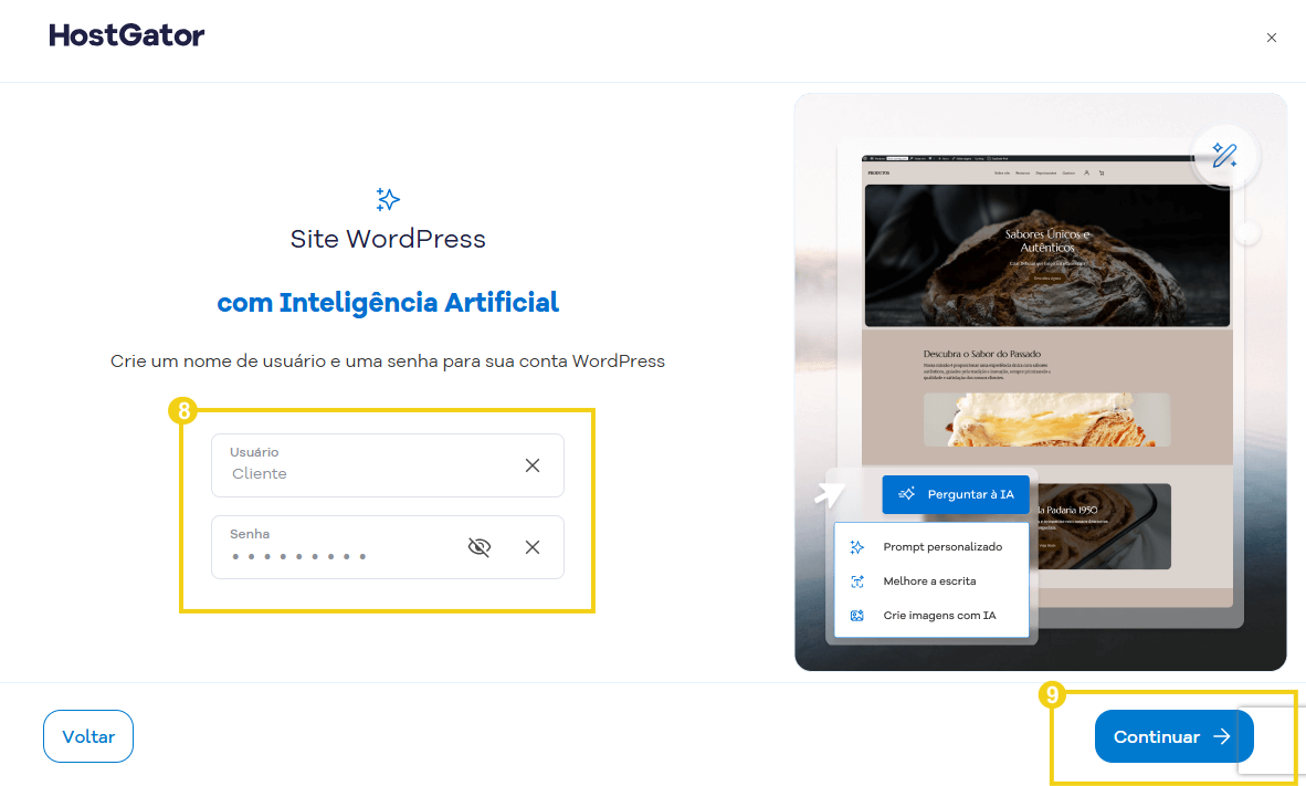 Imagem mostra a tela para criar o usuário e senha de acesso ao WordPress