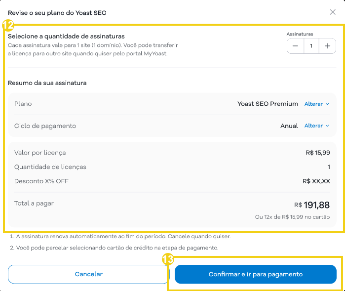 Imagem mostra a tela para revisar o plano Yoast escolhido e o ciclo de pagamento, para prosseguir para o pagamento