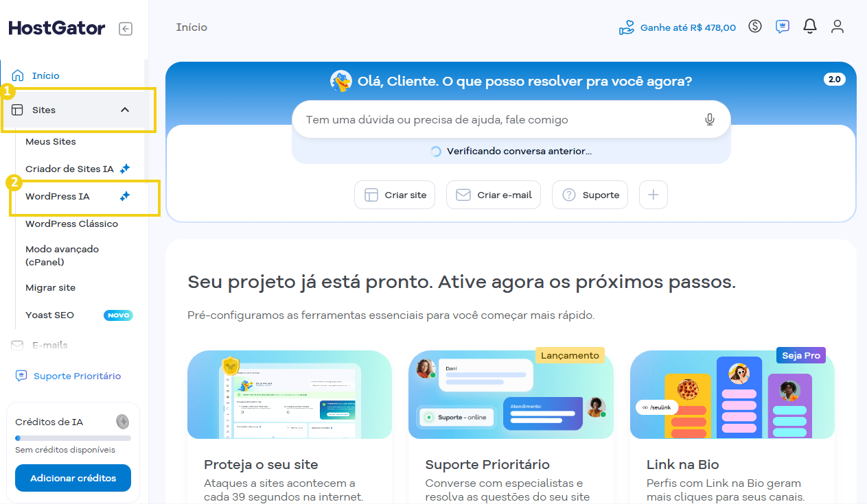 Imagem do menu lateral do Portal do Cliente, com as opções para criação de sites