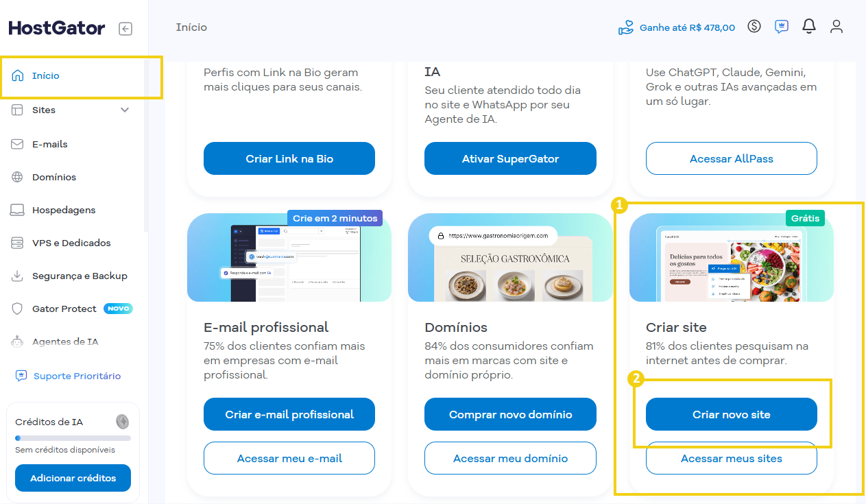 Imagem mostra a tela do Portal do Cliente com a marcação no botão "Criar site"