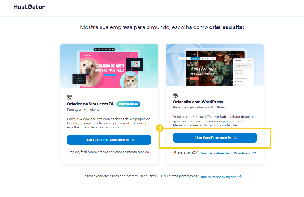 Imagem mostra a tela do Portal do Cliente com a marcação no botão "Usar WordPress com IA"