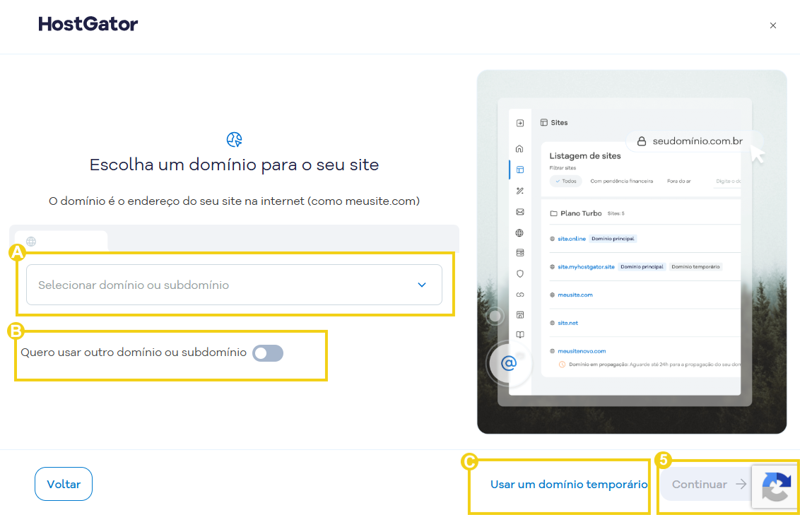 Imagem mostra a tela para escolher o domínio que irá criar o site e a marcação no botão "Continuar"