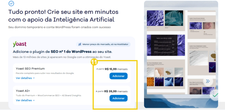Imagem mostra a marcação nos botões para contratar um dos pacotes Yoast