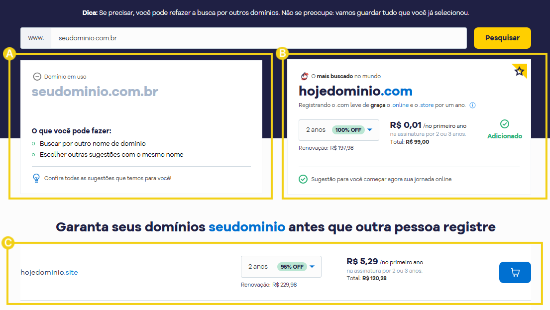 Imagem de um site de registro de domínios, mostrano diferentes planos de hospedagem e preços diversos para garantir seu domínio online