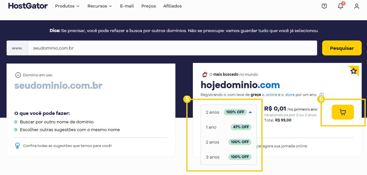 Imagem mostrando opções de planos de domínio no site seudominio.com.br, com descontos e condições especiais, destacando a importância de garantir seu domínio antes de outra pessoa.