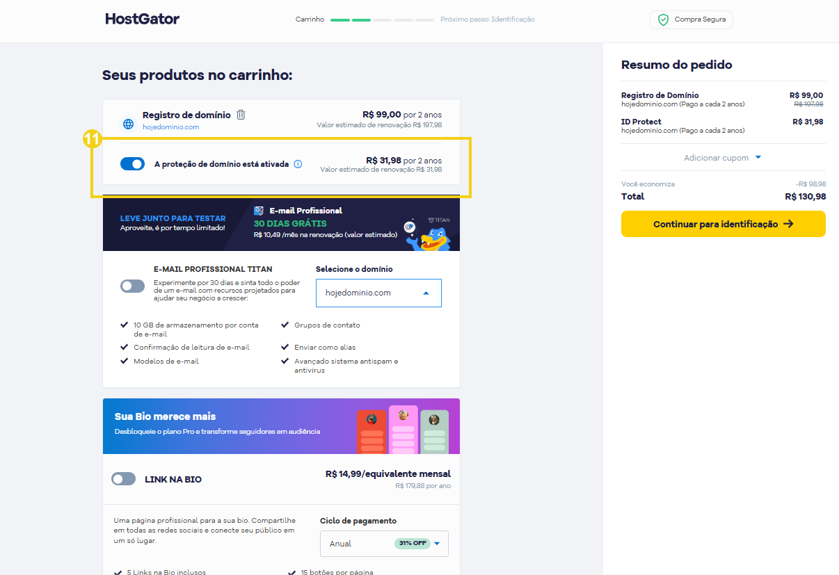 Página inicial do HostGator promovendo criação de sites com inteligência artificial, suporte 24h e planos a partir de R$ 9,89/mês, destacando oferta especial.
