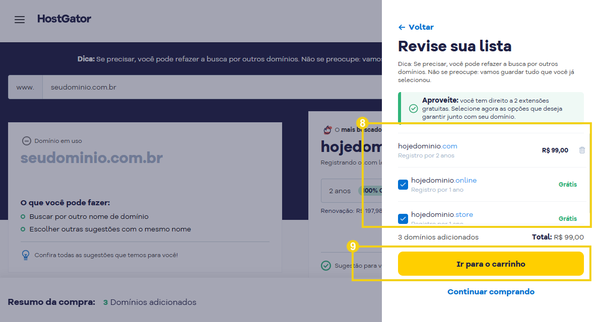 Demonstração de compra de domínio no site HostGator com destaque para opções de registros e planos de pagamento.