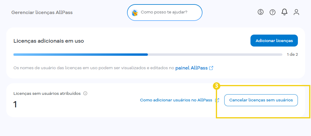 Imagem mostra a tela de gerenciamento de licenças AllPass com marcação no botão "Cancelar licenças sem usuários"