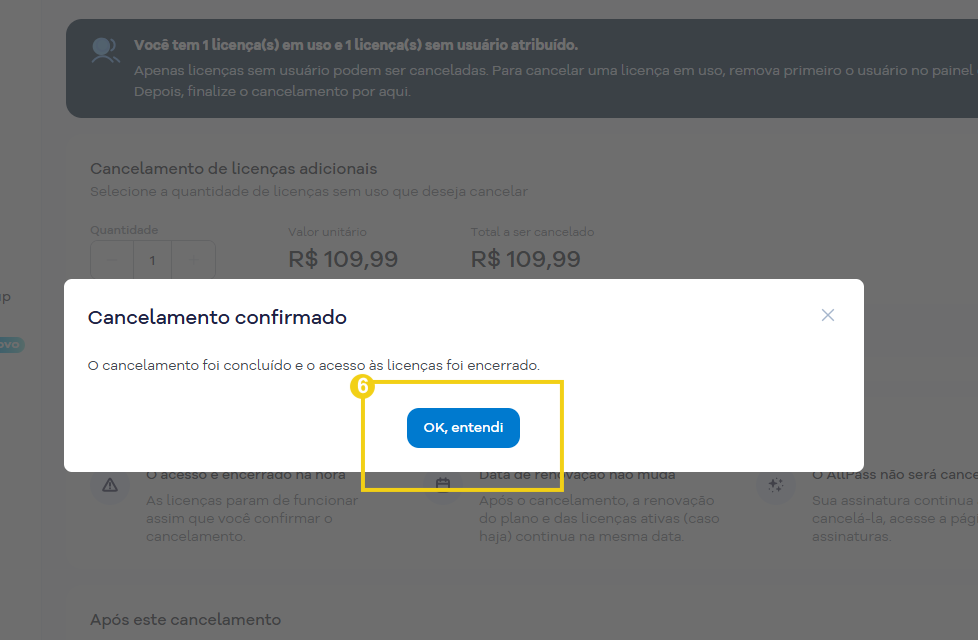 Imagem mostra a tela de confirmação do cancelamento