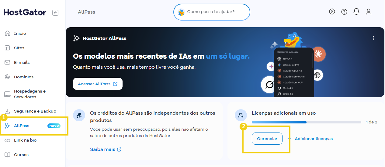 Imagem mostra o Portal do Cliente com a marcação no menu lateral em "AllPass" e na tela do AllPass a marcação no botão "Gerenciar"