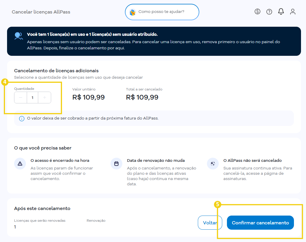 Imagem mostra a tela de cancelamento de licenças AllPass, com marcação na seção para escolher o número de licenças que deseja cancelar e em seguida a marcação no botão "Confirmar cancelamento"