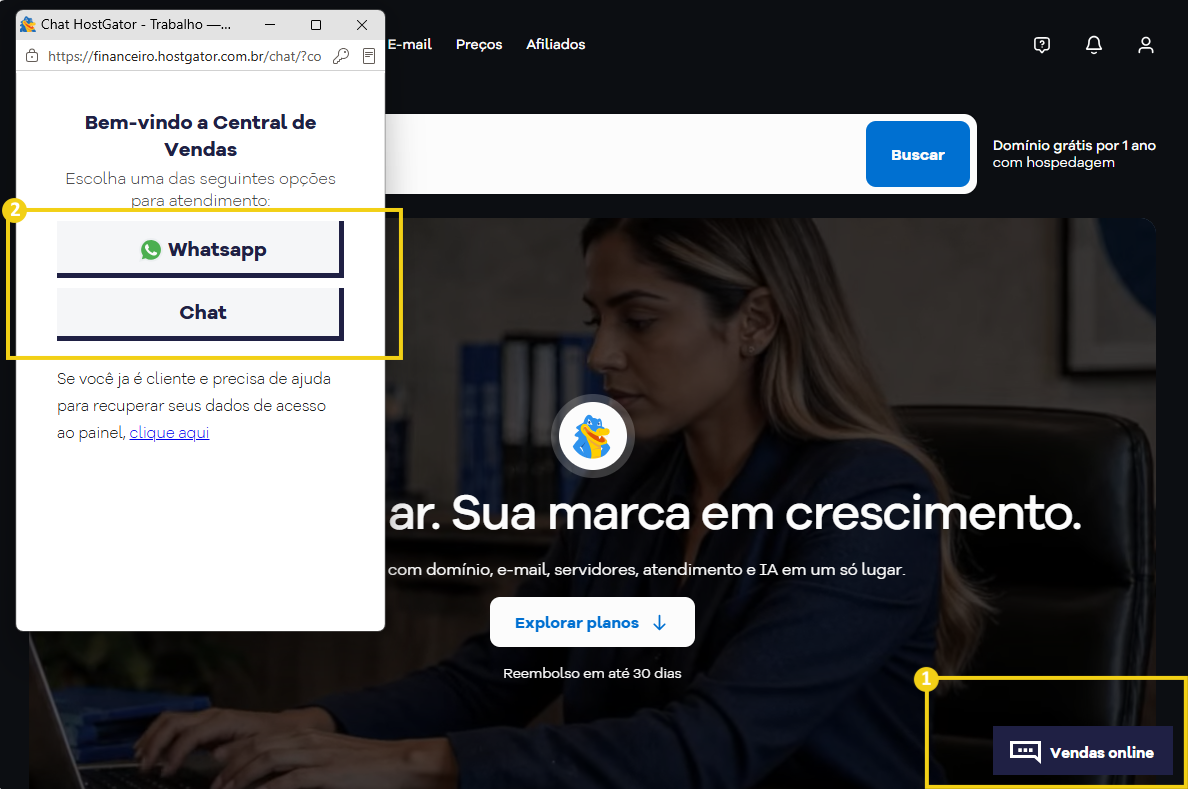 tela do chat de venda mostrando as opções para selecionar WhatsApp e chat