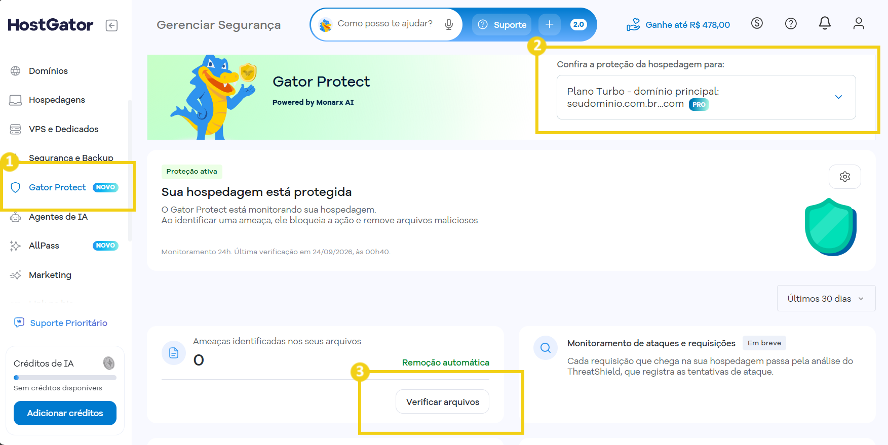 Tela do Gator Protect com destaque para o acesso Gator Protect no menu Segurança e Backup, a seleção do plano e domínio a serem protegidos e o botão Verificar arquivos para iniciar a análise dos arquivos da hospedagem.