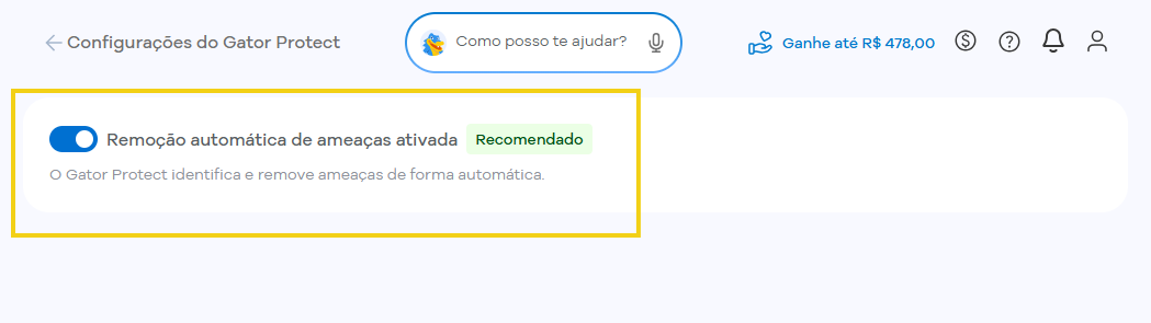 Tela de configurações do Gator Protect destacando a opção Remoção automática de ameaças, que está ativada e identificada como recomendada. A descrição informa que o Gator Protect identifica e remove ameaças automaticamente.