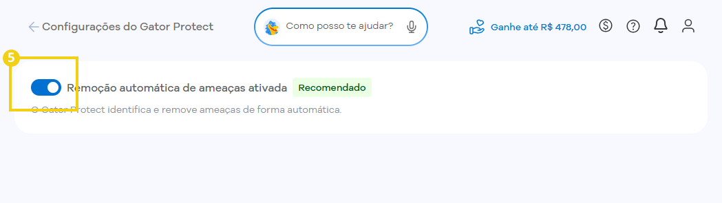 Tela de configurações do Gator Protect destacando o botão de ativação da Remoção automática de ameaças, que está ativado.