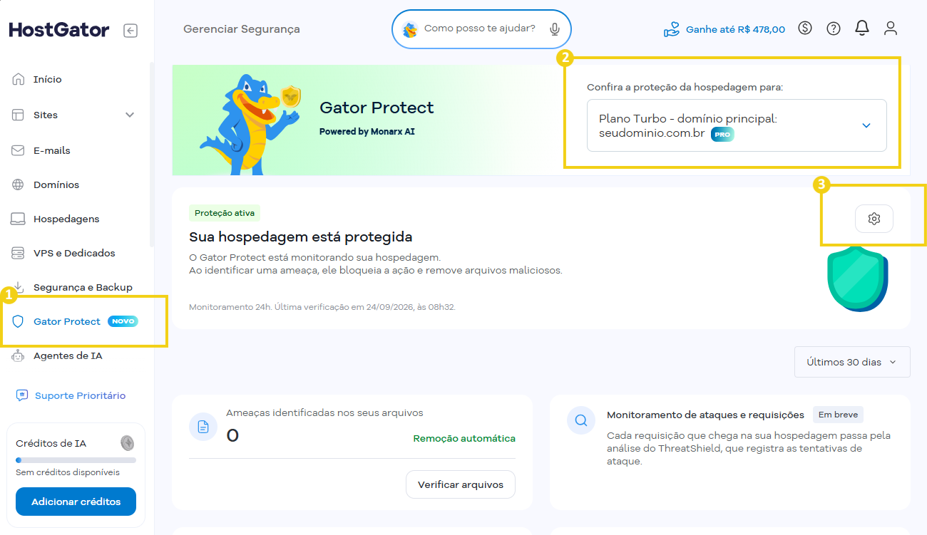 Tela do Portal do Cliente com o Gator Protect selecionado no menu. A imagem destaca a opção Gator Protect, a seleção da hospedagem protegida e o ícone de configurações do serviço.