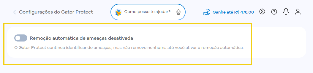 Tela de configurações do Gator Protect com a opção Remoção automática de ameaças desativada. A descrição informa que o Gator Protect continua identificando ameaças, mas não as remove até que a remoção automática seja ativada.