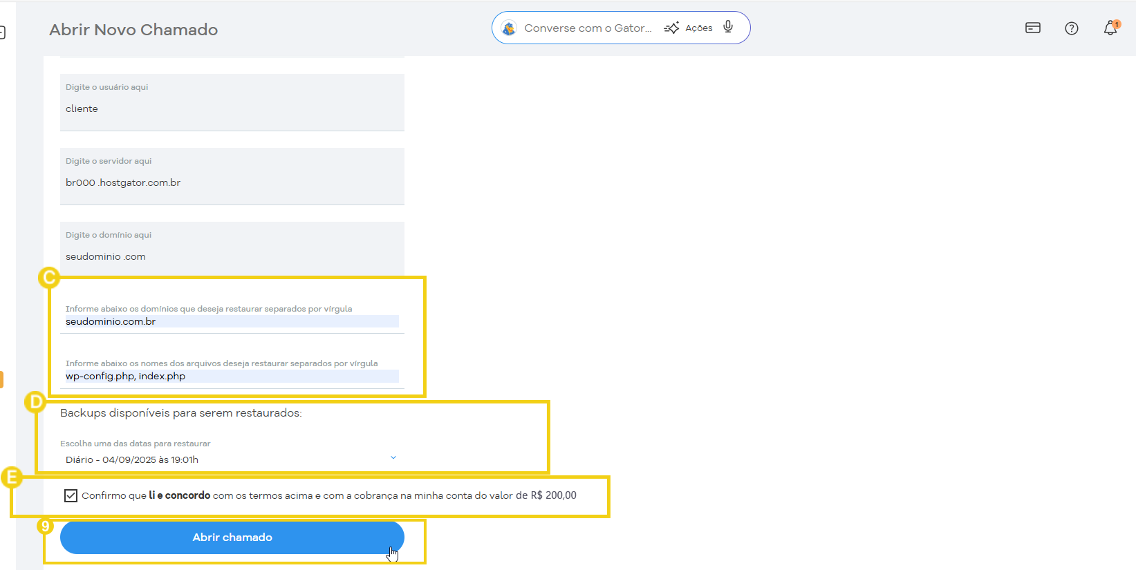Site HostGator mostrando o botão "Abrir chamado" em destaque, com elementos destacados em amarelo