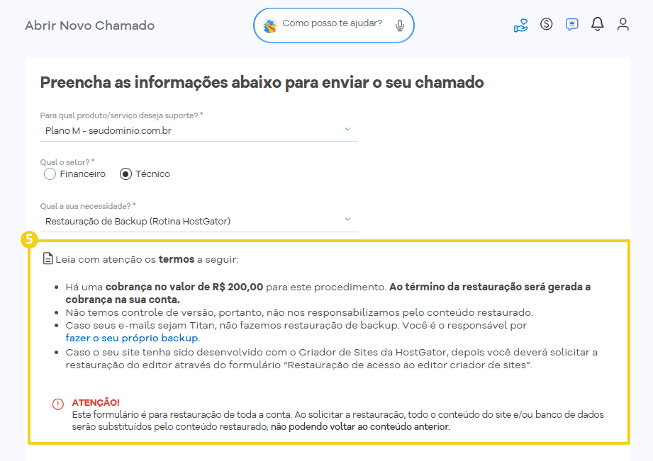 Termos de serviços destacados na tela em amarelo