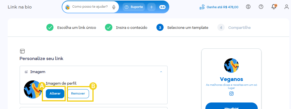 Imagem destaca a opção "Imagem de perfil" com as opções "Alterar" e "remover"