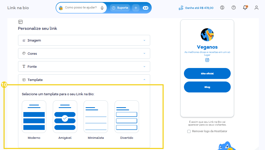 Imagem com a opção "Template" destacada, mostrando as opções Moderno, Amigável, Minimalista, Divertido