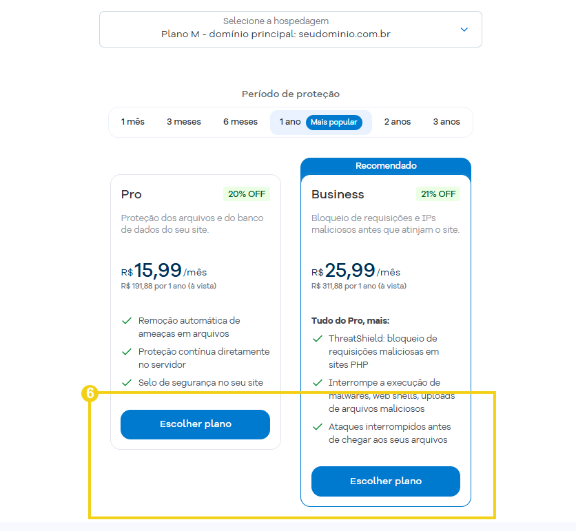 Tela de seleção de planos do Gator Protect, destacando os botões Escolher plano das opções Pro e Business, que permitem contratar o plano de proteção desejado.