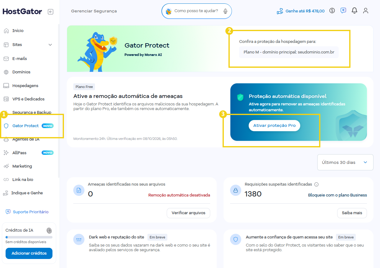 Tela do Gator Protect destacando o acesso à opção no menu lateral, a seleção da hospedagem protegida e o botão Ativar proteção Pro, que permite ativar a remoção automática de ameaças identificadas.
