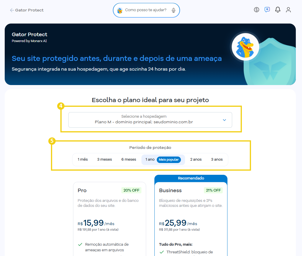 Tela de contratação do Gator Protect destacando o campo para selecionar a hospedagem, o período de proteção com opções de 1 mês a 3 anos e os planos de proteção disponíveis, como Pro e Business.